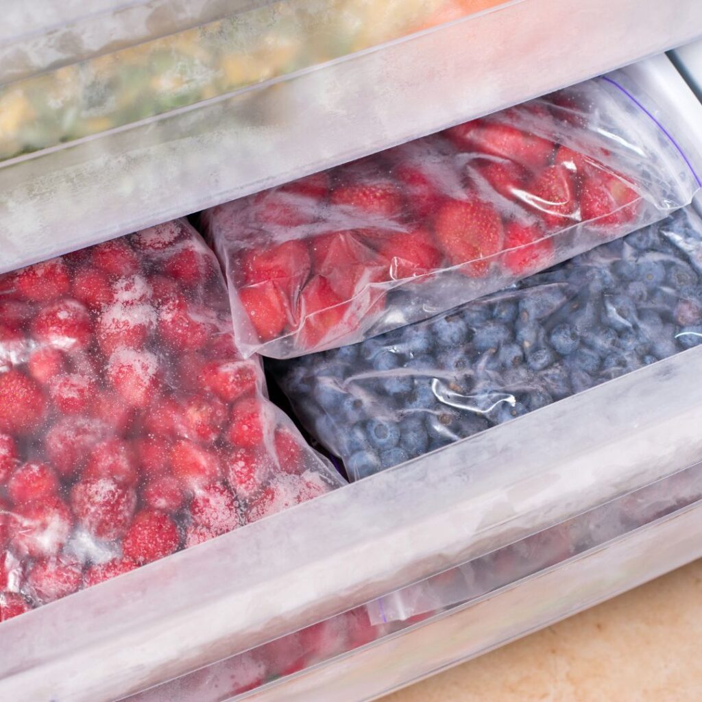 frozen berries in bags in drawer of freezer to preserve freshness