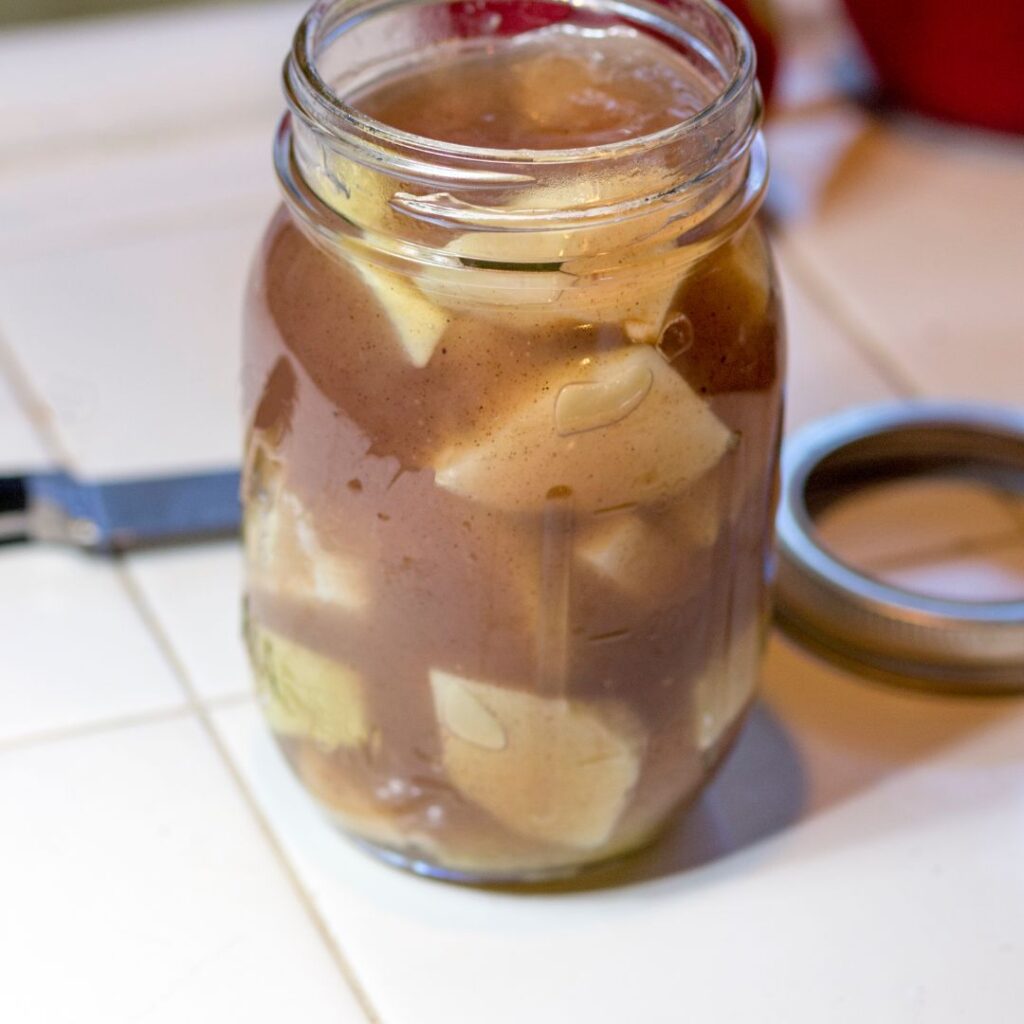 glass canning pint jar with apple pie filling