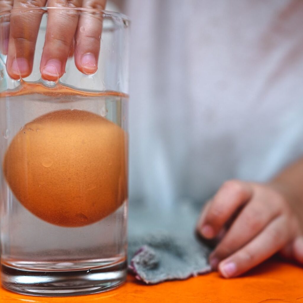 child's hand testing an egg's freshness by floating in cool water