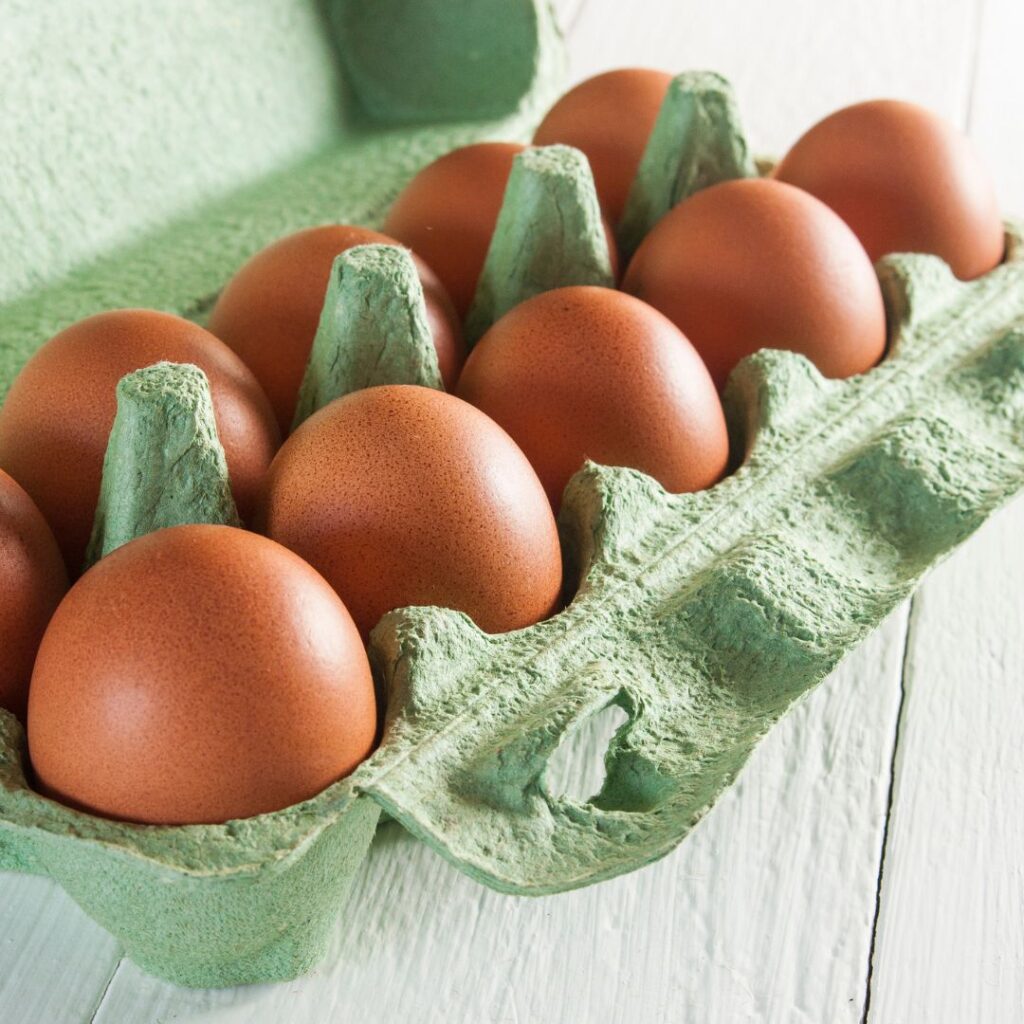 large brown eggs in egg crate
