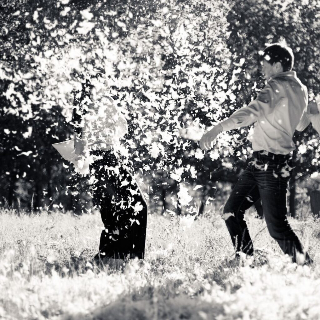 black and white photo of pillow fight with feather pillow outdoors