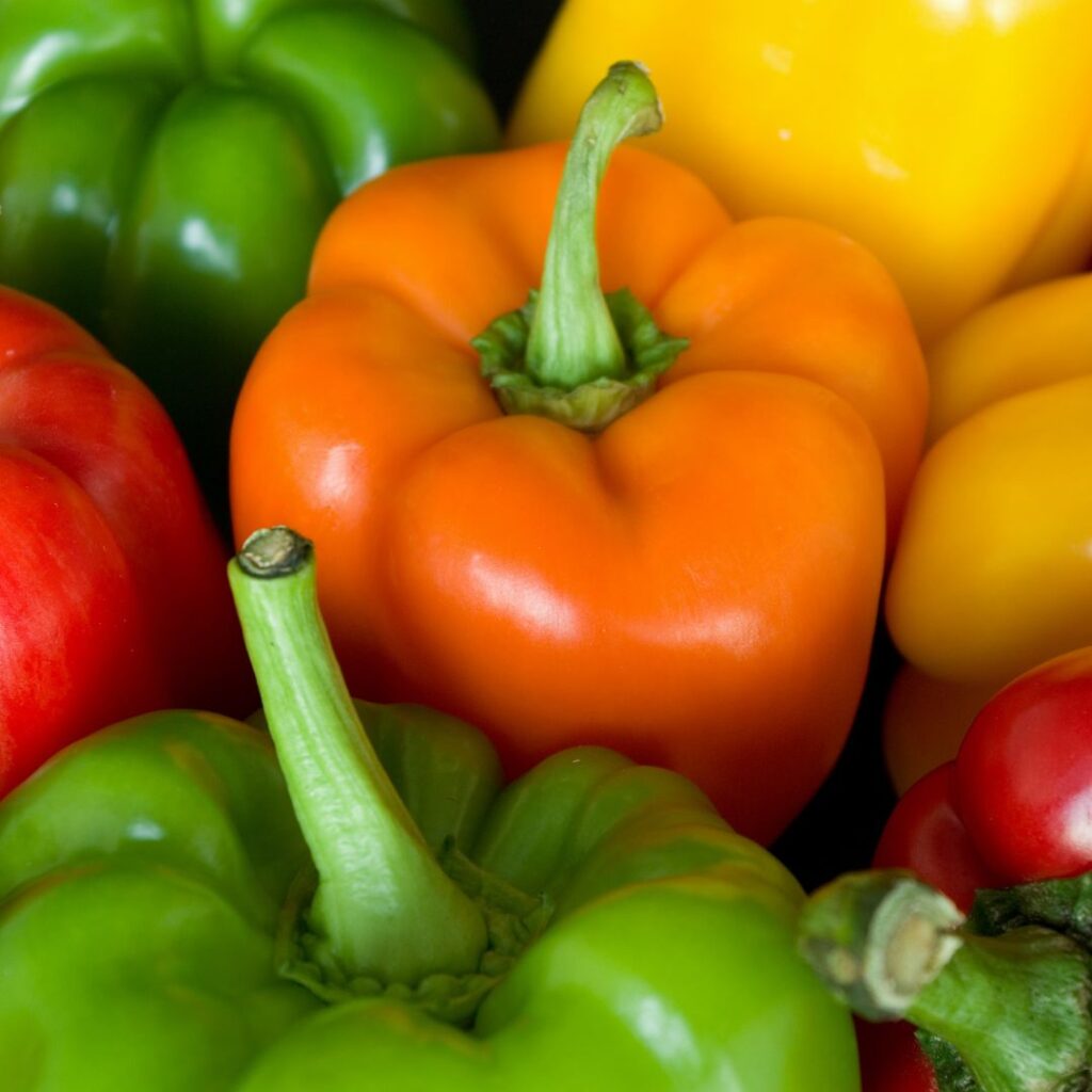 red bell peppers, orange bell peppers, green bell peppers, yellow bell peppers